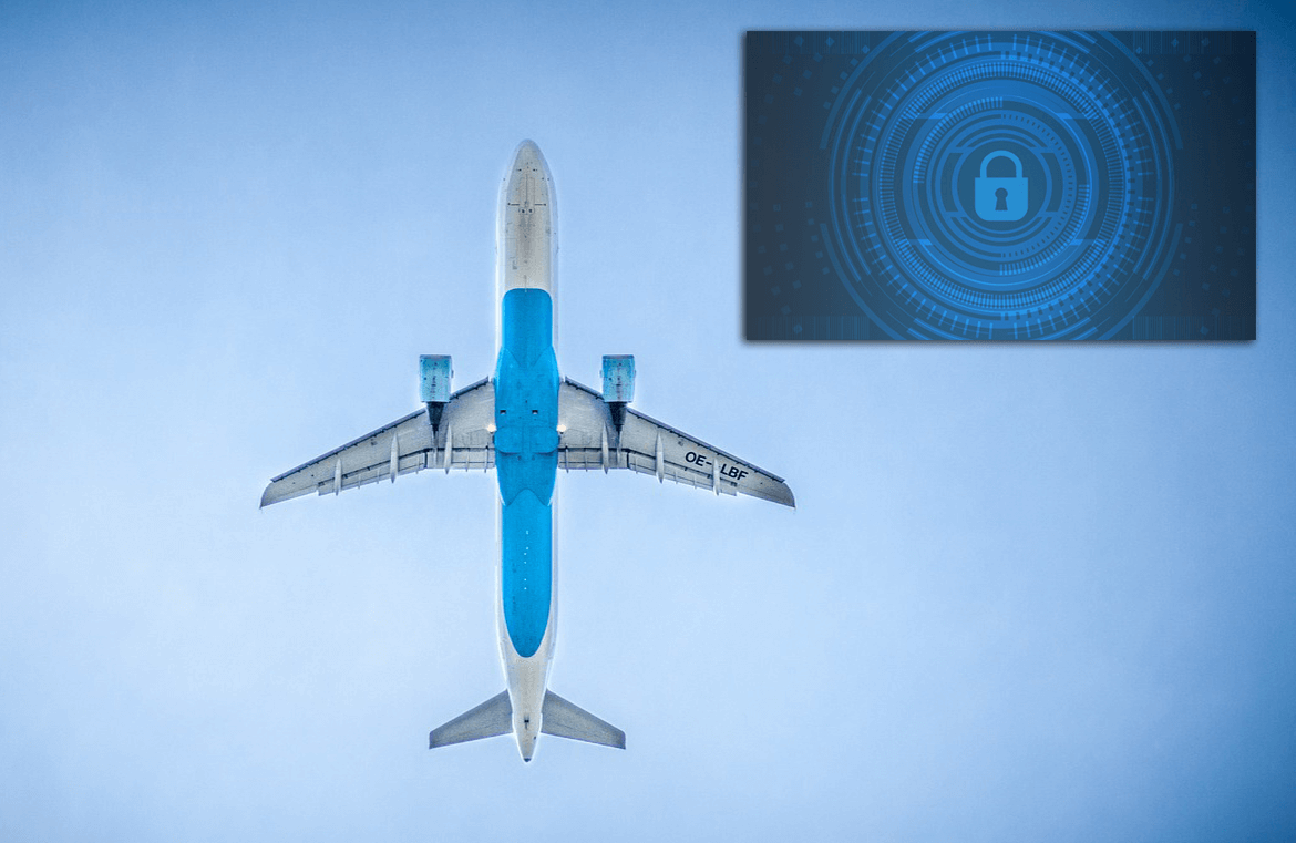 airplane flying over and graphic of a locking system