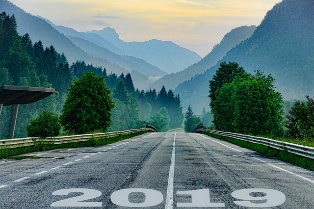 2019 on a highway through the mountains